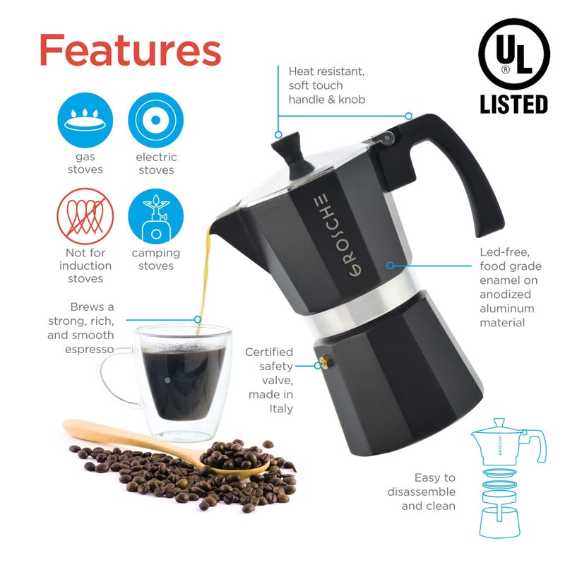 GROSCHE Milano Moka pot, Stovetop Espresso maker, Greca Coffee Maker, Stovetop coffee maker and espresso maker percolator (Black, 12 cup) - Image 4